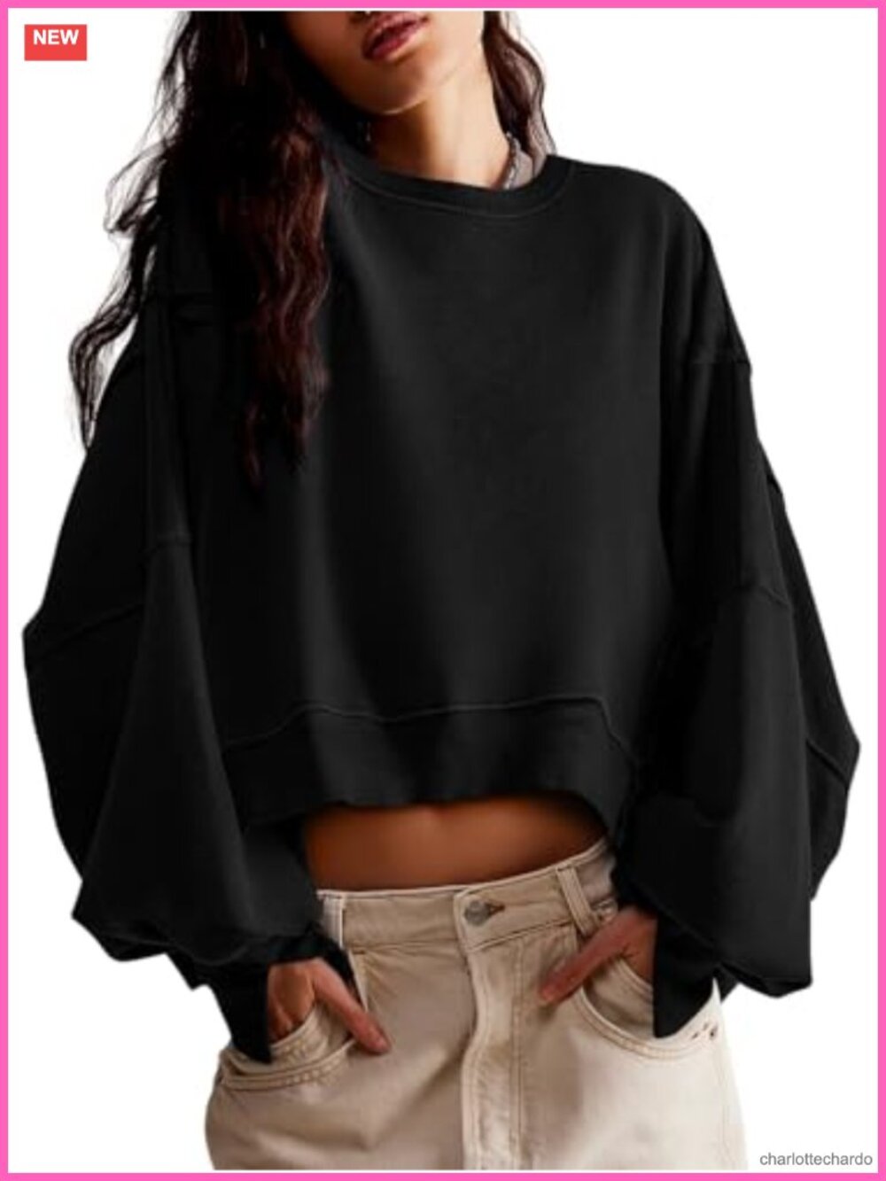 Womens Crop Sweatshirt Loose Fit Pullover Long Sleeve Crew Neck Tee